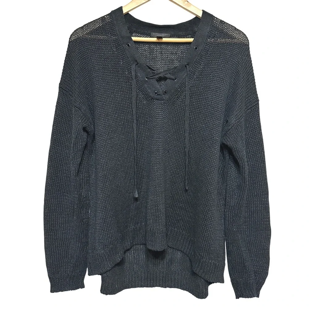 J.Crew Linen Open Knit Sweater Womens M Lace Up Pullover Oversized Slouchy Beach